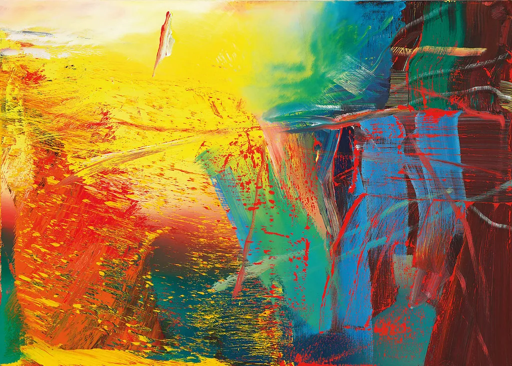 A vivid Gerhard Richter abstract painting built from dragged, layered smears of red, yellow, blue, and green paint