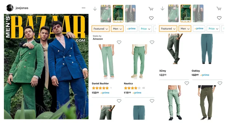 The Jonas Brothers in tailored suits on a magazine cover next to Amazon StyleSnap recommendations of green casual pants, joggers, and sweatpants